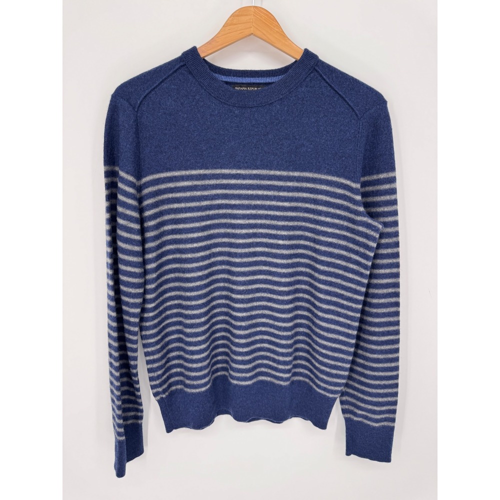 Banana Republic Merino Wool Sweater Men L Blue Striped Crewneck Classic Office
